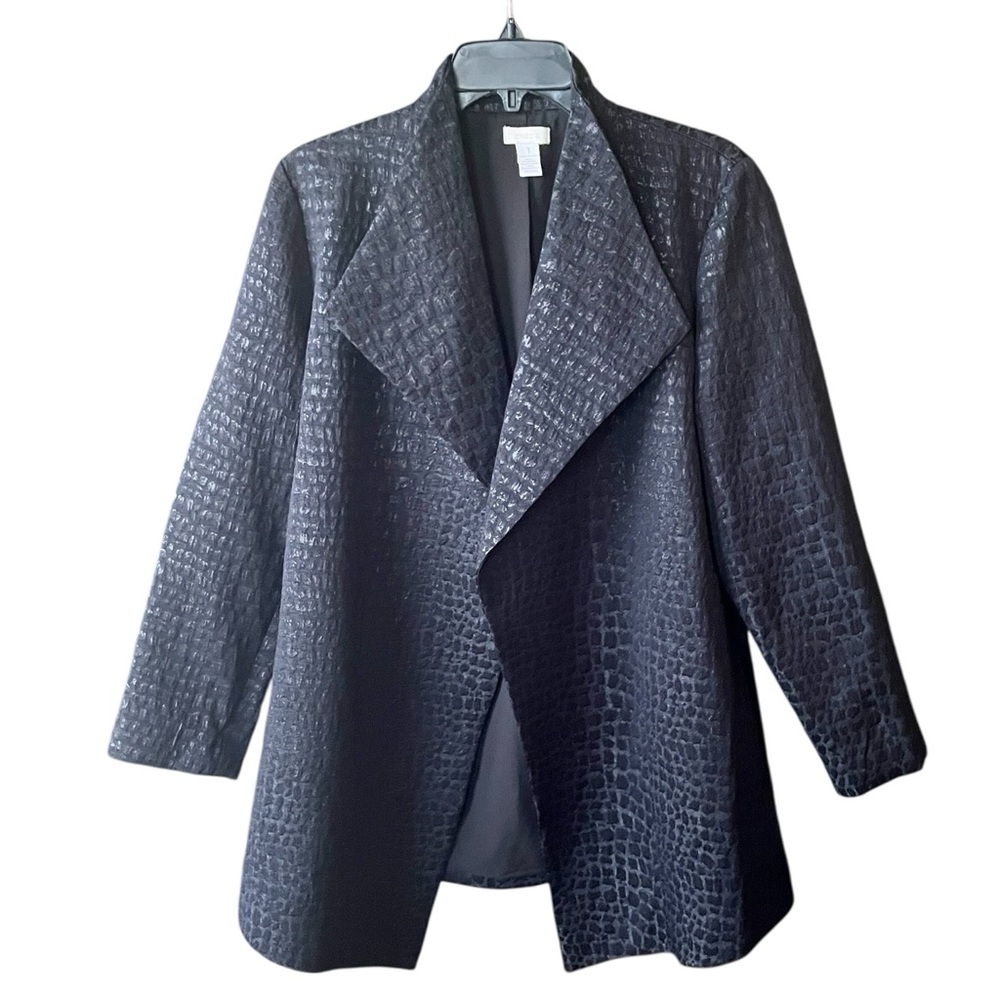 Chico’s long open front shimmer alligator formal dress jacket MOB MOG 8 black